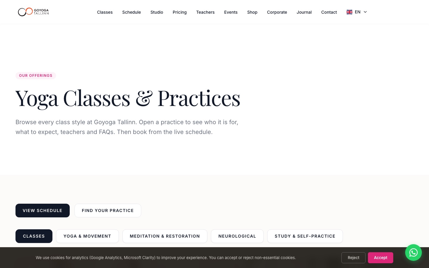 GoYoga Tallinn classes and practices page screenshot