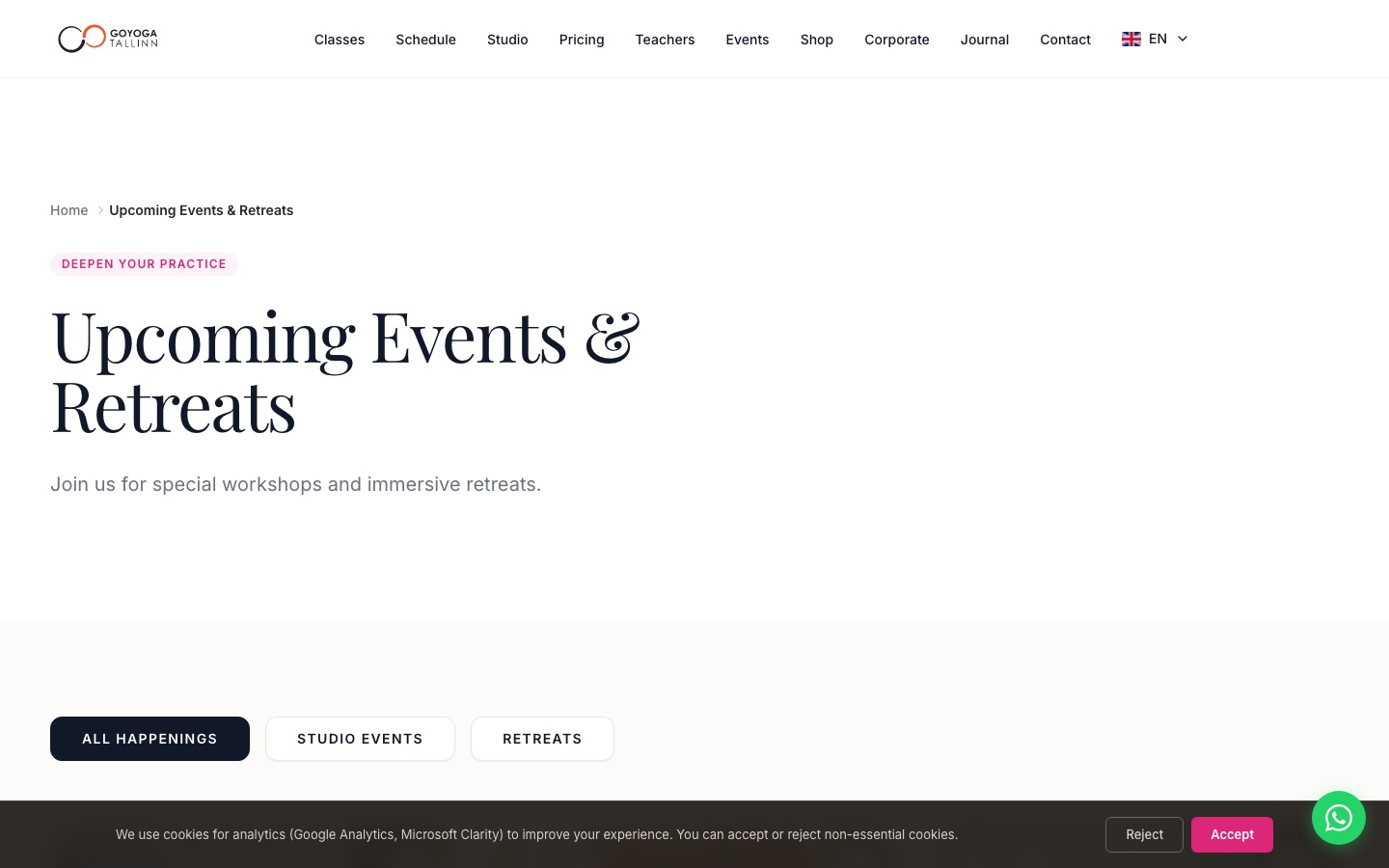 GoYoga Tallinn events and retreats page screenshot