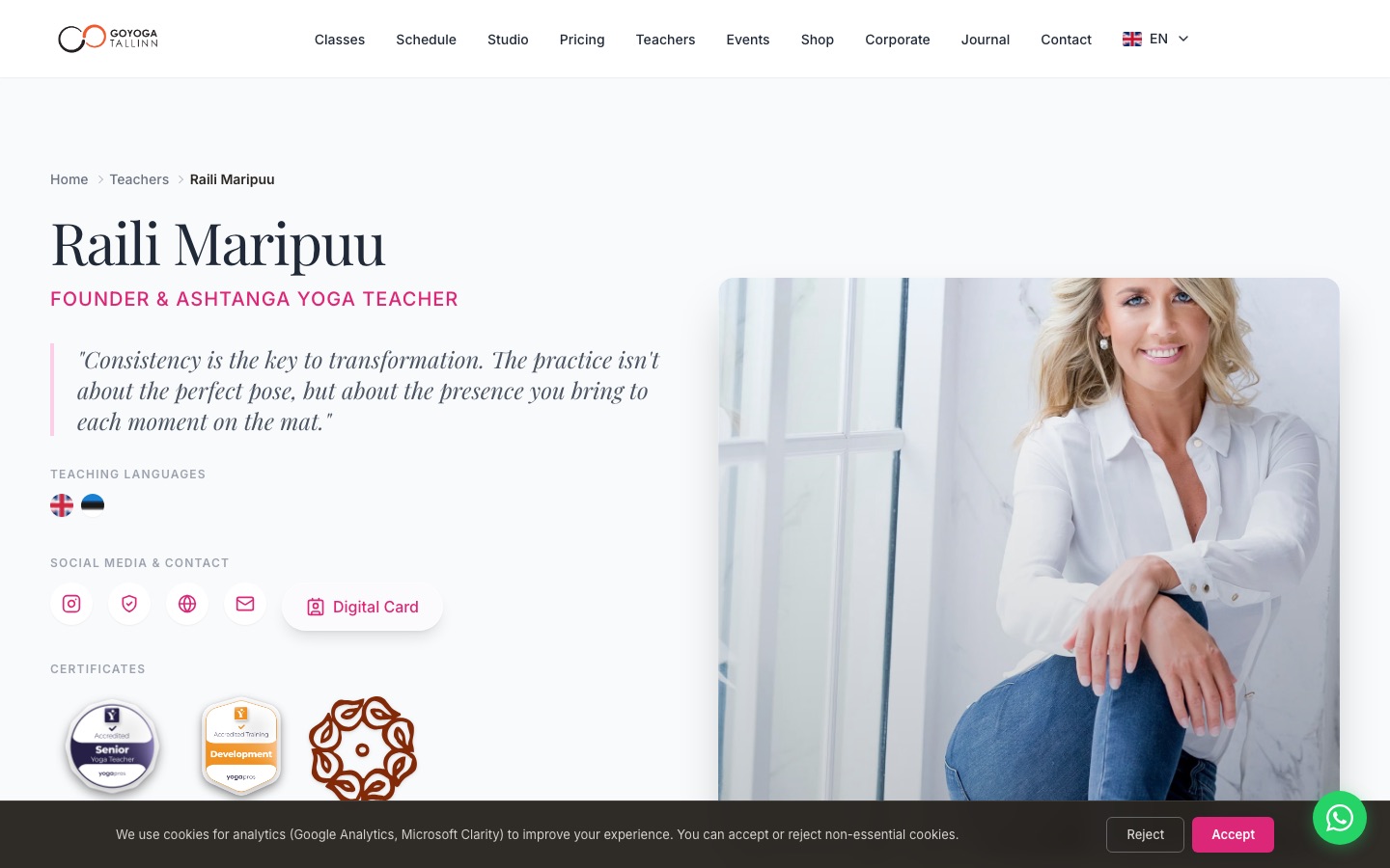 Raili Maripuu teacher profile page screenshot on goyoga.ee