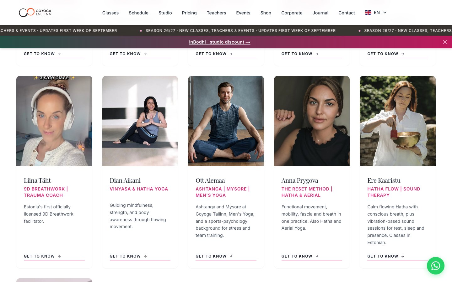 GoYoga Tallinn Teachers section screenshot showing the studio teaching team